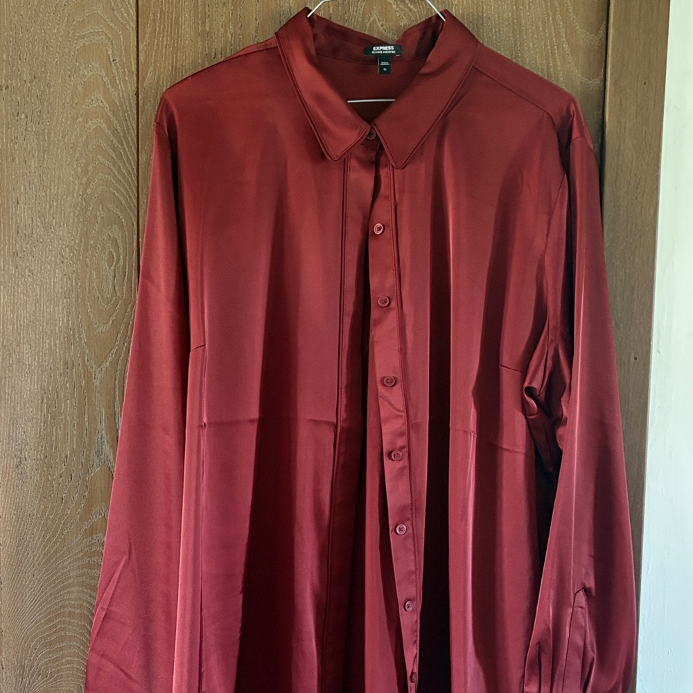 Express Satin Button-Up Blouse in Burgundy